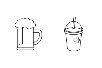 Minimalist Line Art Of Beer Mug And Bubble Tea For Beverage Theme