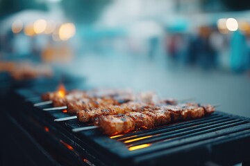 foreground of sizzling barbecue skewers hangs over fiery grill rising smoke curls in air