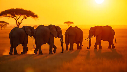 Fototapeta premium elephants in the sunset