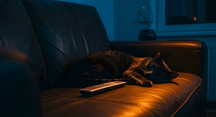 Cat on a sofa with a TV remote