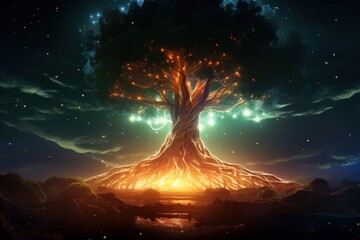 Vivid tree of life surrounded by fiery flames and floating lanterns, under starry night sky