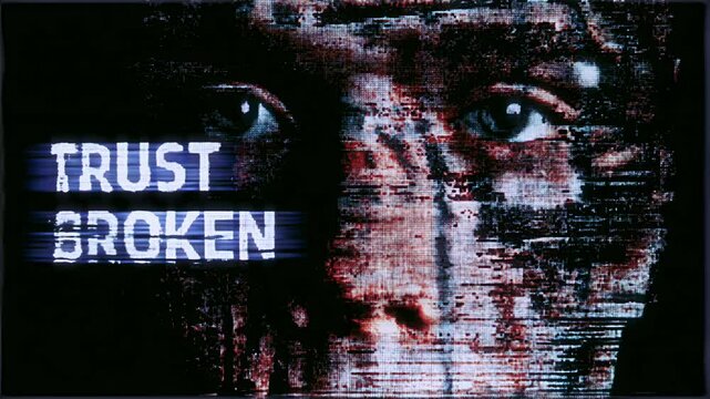 African-American male face with glitch distortion and broken trust headline in red and blue hues, digital aesthetic for data breach stories, tech blogs, or stock market crash visual content