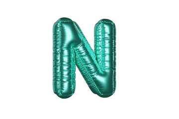 Green Metal Balloon English Alphabet Letter N white background. 3d Rendering