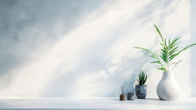 Minimalist home decor with potted plants.  Soft sunlight casts shadows on a textured wall