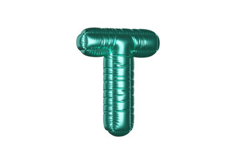 Green Metal Balloon English Alphabet Letter T white background. 3d Rendering