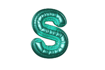 Green Metal Balloon English Alphabet Letter S white background. 3d Rendering