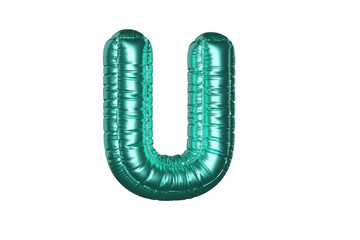 Green Metal Balloon English Alphabet Letter U white background. 3d Rendering