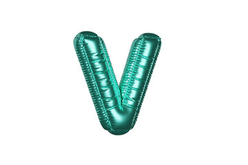 Green Metal Balloon English Alphabet Letter V white background. 3d Rendering
