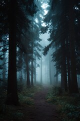 Obraz premium A foggy path winds through a dark and mysterious forest.