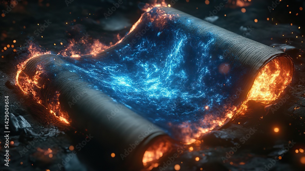 Canvas Prints indigo flames lick at the edges of a scroll of forgotten lore