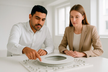 Two architects or designers discuss a modern stadium model, carefully examining its details and planning the structure together.