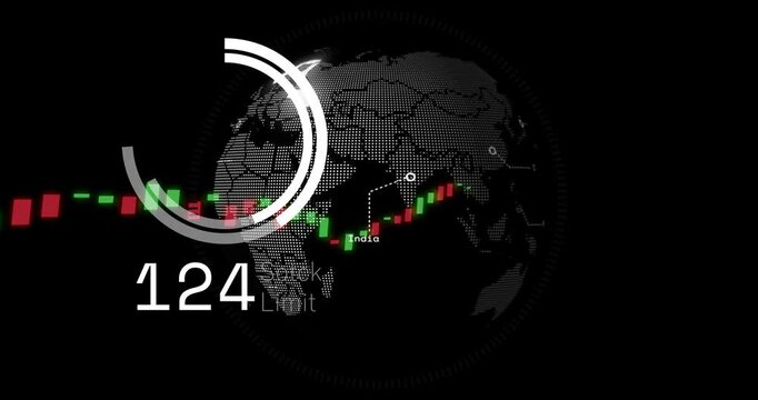 Dotted globe being animated in dark theme with India labeled candlestick chart, floating HUD rings