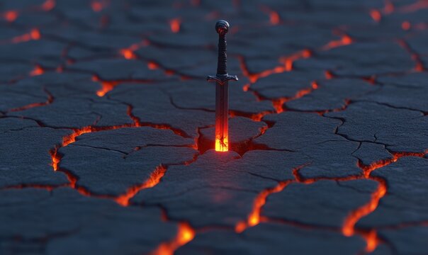 Sword in volcanic ground, fiery background; fantasy concept art