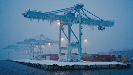 Fototapeta premium Industrial winter landscape: massive icy shipping crane at snow-covered port