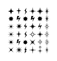 Collection of  Star and lightning flash icons in sharp geometric style, tattoo flash sheet design

