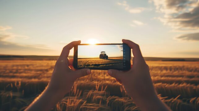 A farmer takes a photo of a working tractor on his field with a smartphone. A snapshot of hard work as the farmer takes a photo of his tractor, blending tradition and technology.