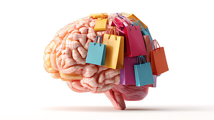 Cerveau et shopping, Human Brain and Shopping Bags: A Visual Representation of Consumerism, A 3D model of a human brain, split in half, with shopping bags in various shades of gray and white clustered