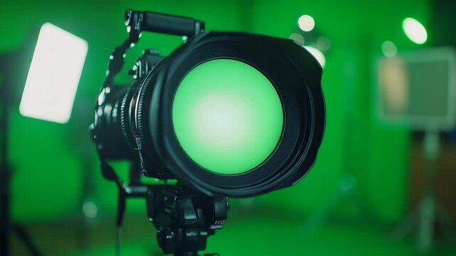 Large video camera lens on green screen background with bright studio lighting set for broadcast production and filming in a professional setting
