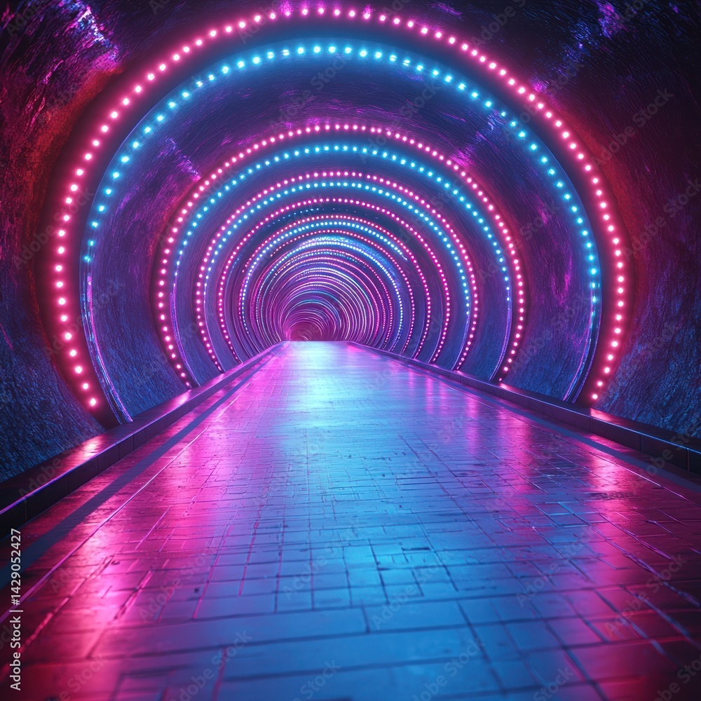Poster illuminated tunnel with neon lights creating a futuristic and hypnotic effect