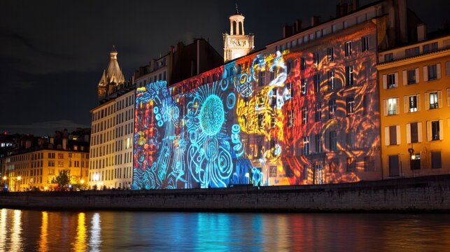 Nighttime building projection, Lyon, France, riverside festival