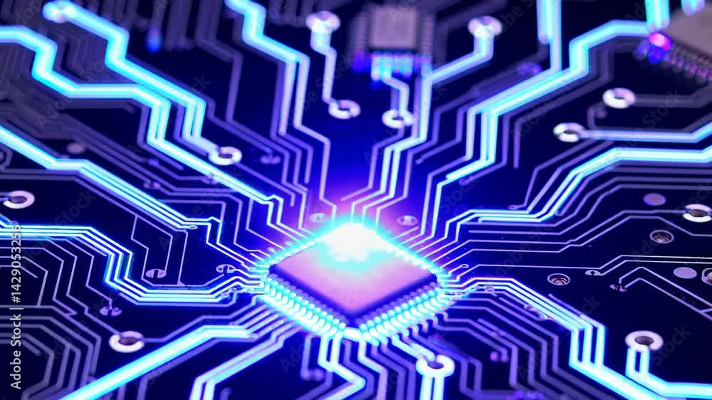 Aufkleber glowing circuit board with microchip and flowing connections