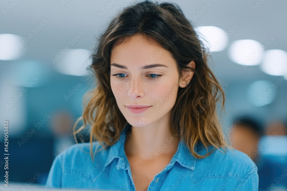 Poster manager sits at desk in open office focusing on tablet with blurred colleagues in background