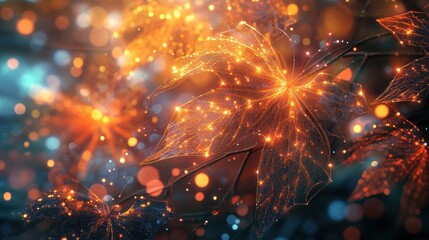 Fototapeta premium Glowing autumn leaves bokeh background, digital art