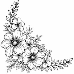 This is a beautiful black and white floral corner design featuring detailed, blooming flowers with elegant leaves and buds. It's likely used for:

Decorative frames or borders

Wedding invitations or 