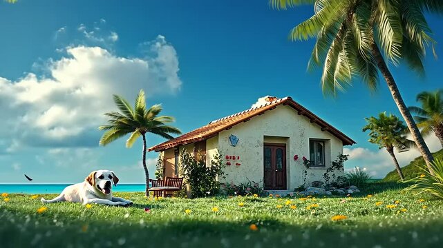 Cozy House by the Beach with Dog and Palm Trees