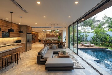 Modern house interior with open floor plan leading to a pool and garden.