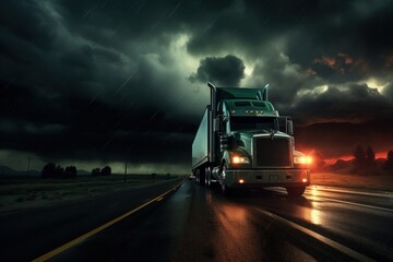 Rainy night storm truck driving road