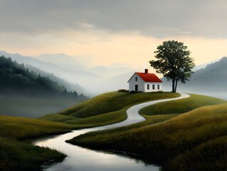 Fototapeta premium An enchanting impressionistic landscape depicting a quaint countryside farmhouse set against a backdrop of lush undulating hills