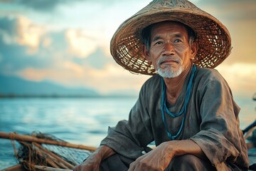 Elderly fisherman on a boat at sunset