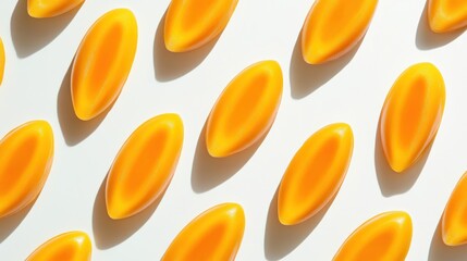 Bright yellow oblong candies arranged in a symmetrical pattern on a white background