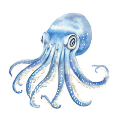 Isolated Blue Cuttlefish with Detailed Features and Tentacles in a Watercolor Style Artwork