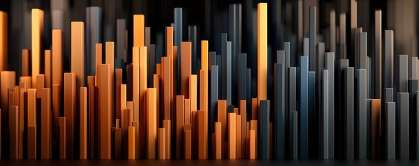 A visually striking abstract representation of tall, vertical bars in gradient shades of orange, gold, and gray against a dark background.