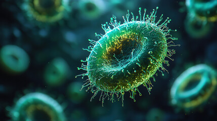 A detailed, artistic representation of a virus cell with a focus on its intricate details.