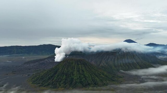 Mt Bromo active volcano emmiting smoke