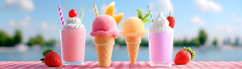 Summer picnic delight scenic overlook of sea and coast vibrant ice cream treats outdoor festivities sunny atmosphere