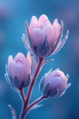 Three flower buds on a stem with a blurred blue background.