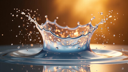 Exploding Water Crown: Splash Captured at Peak Chaos with Many Flying Droplets, Golden Light