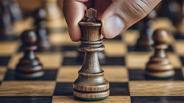 Hand moving a wooden chess king on a checkered board in a game strategy and tactical decision concept for business or personal success.