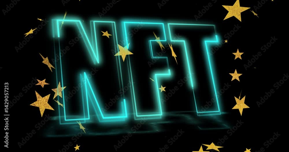 Poster glowing cyan neon nft letters pulsing and rotating in dark void 3d render, with golden stars