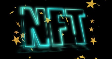 Glowing cyan neon NFT letters pulsing and rotating in dark void 3D render, with golden stars - Powered by Adobe