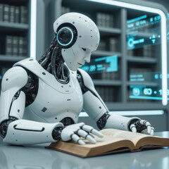 Fototapeta premium humanoid robot reading book futuristic library setting, surrounded by digital screens displaying information. scene conveys blend of technology
