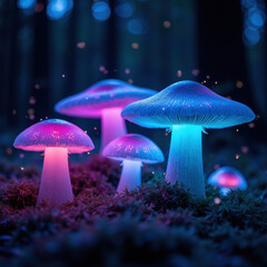 Fototapeta premium Glowing mushrooms in mystical forest create magical atmosphere with vibrant colors and enchanting lights