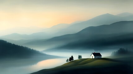 An impressionistic landscape painting depicting a peaceful pastoral countryside scene with a cozy farmhouse nestled among rolling hills rendered with soft expressive brushstrokes and a vibrant