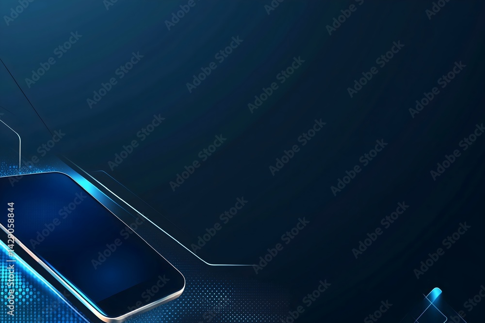 Poster futuristic mobile device on a dark blue technological background with glowing network lines, symboli