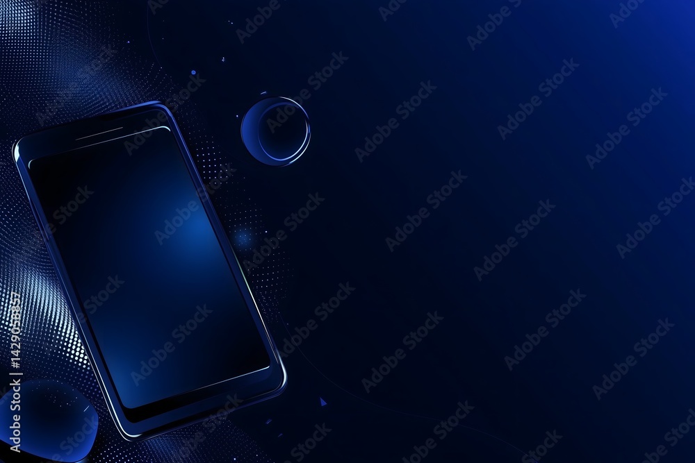 Poster futuristic mobile phone mockup on a dark, textured background with blue ambient light and abstract s
