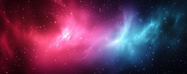 A vibrant cosmic scene featuring swirling nebulae in shades of pink and blue against a backdrop of stars, evoking a sense of wonder and the vastness of space.